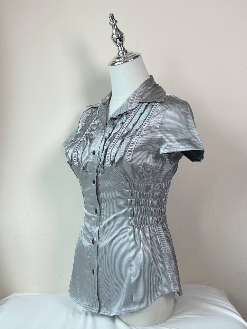 Grey Ruffle Fitted Blouse