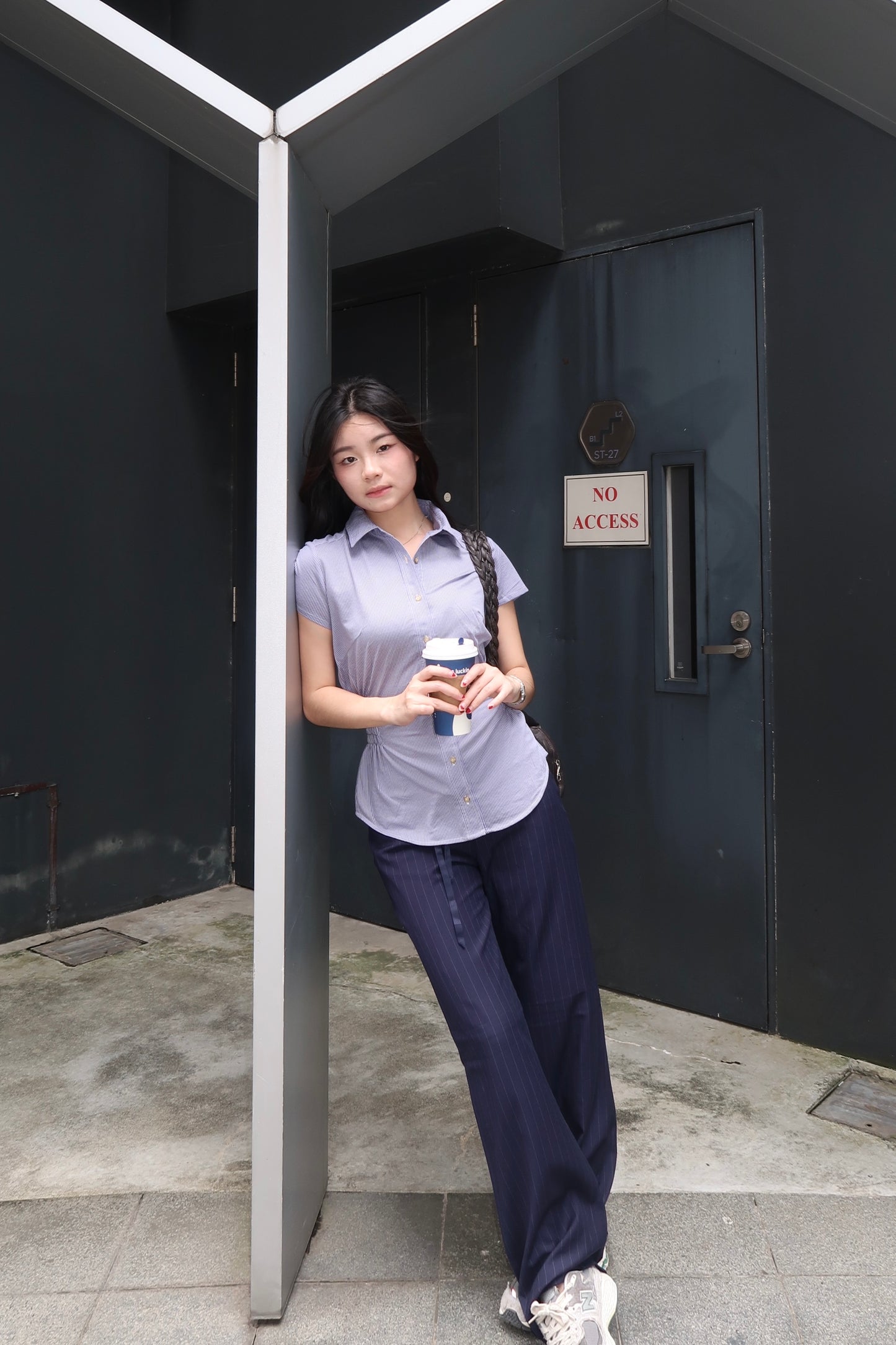 Navy Striped Low Rise Pants