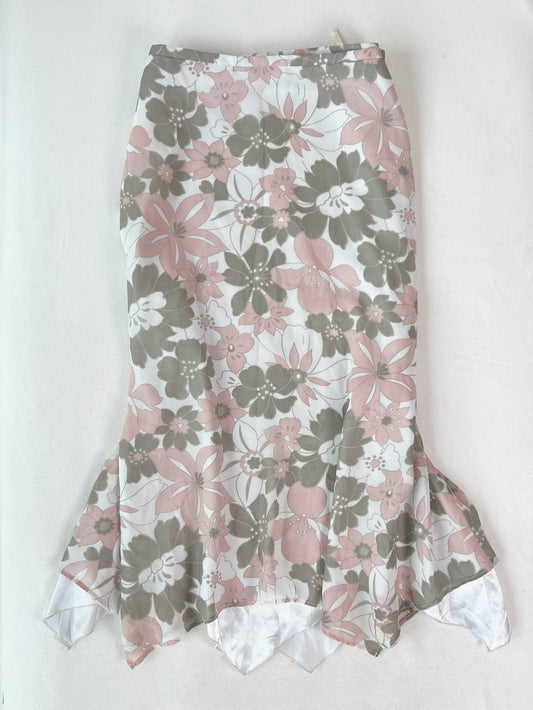 Grey & Pink Assymetrical Floral Midi Skirt