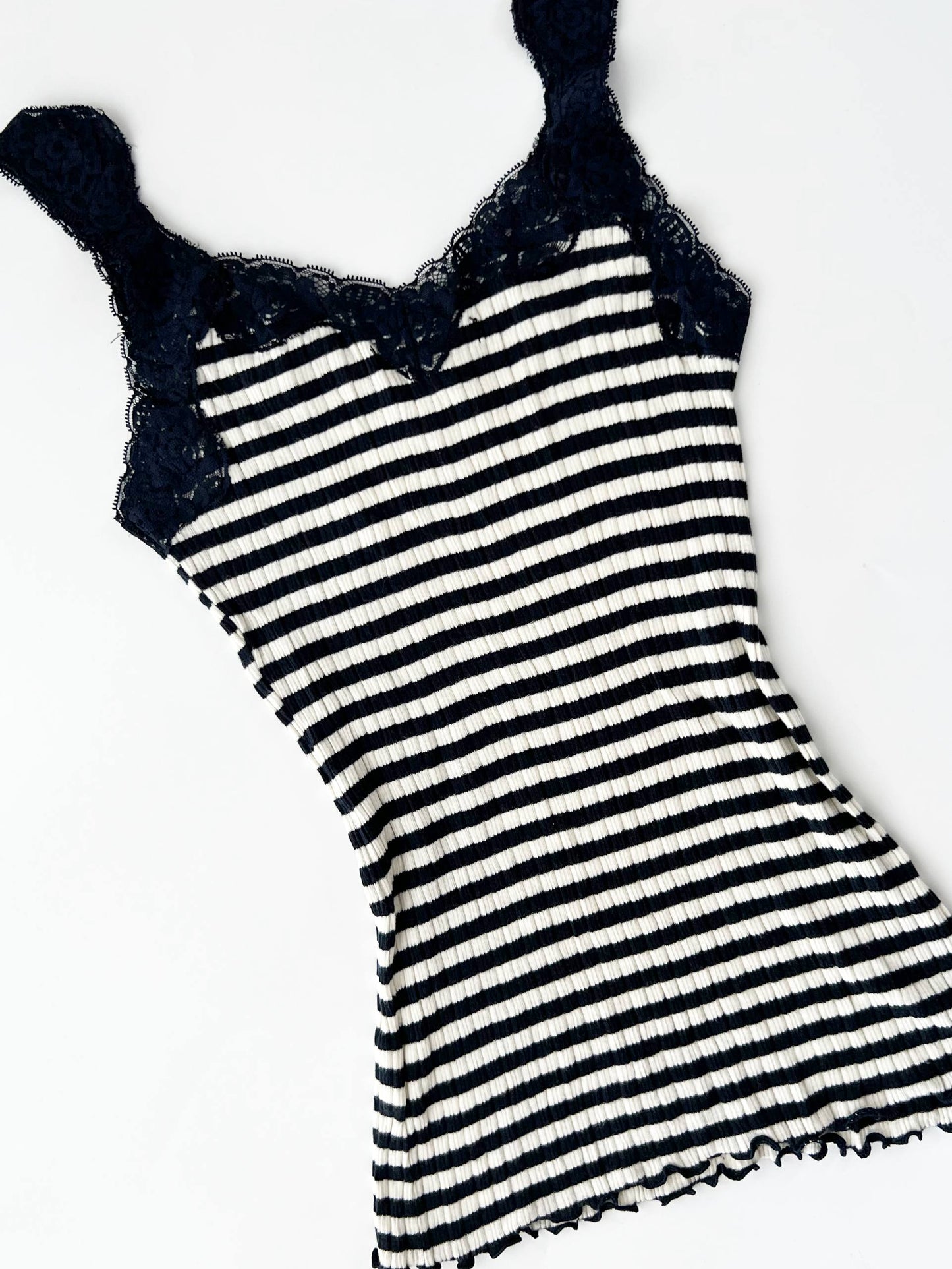 Striped Ribbed Tank w Lace Trim