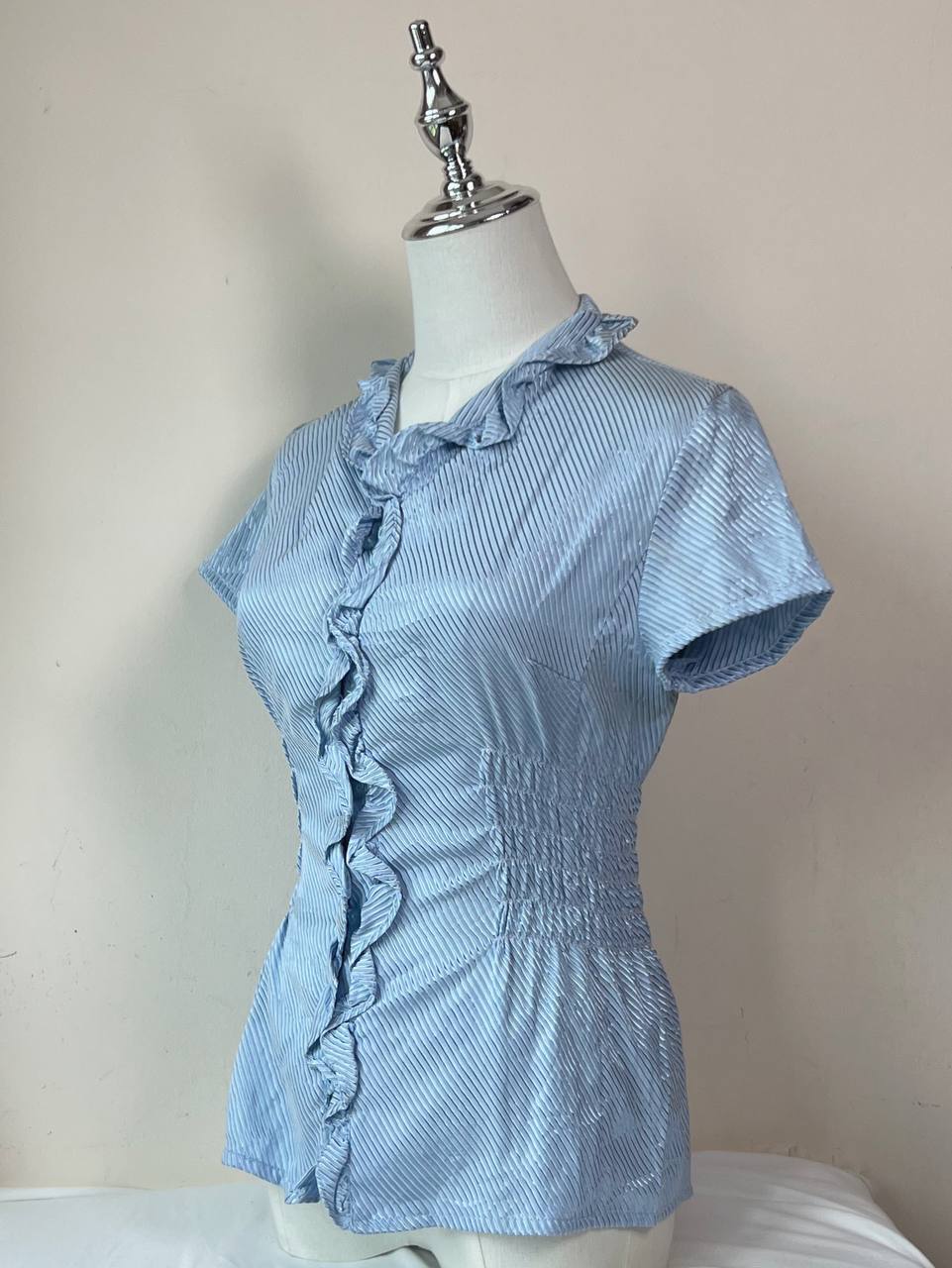 Blue Ruffle Fitted Blouse