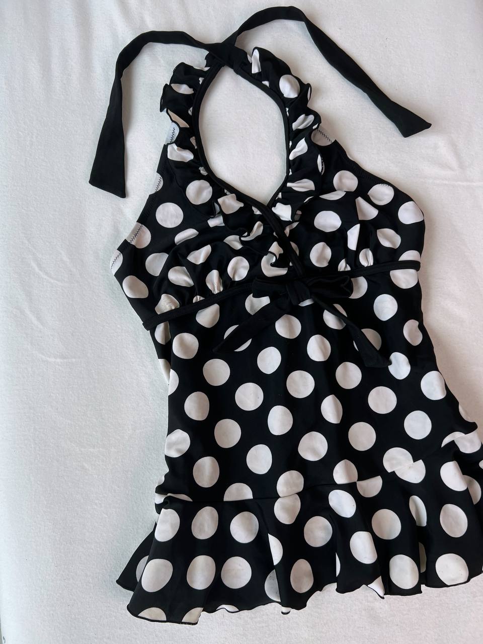 Ruffle Neckline Ribbon Polka Dot Halter