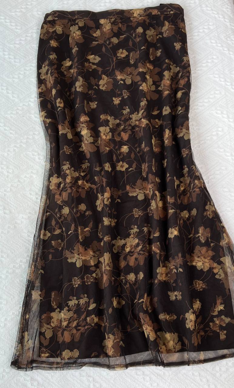 Brown Mesh Overlay Maxi Skirt