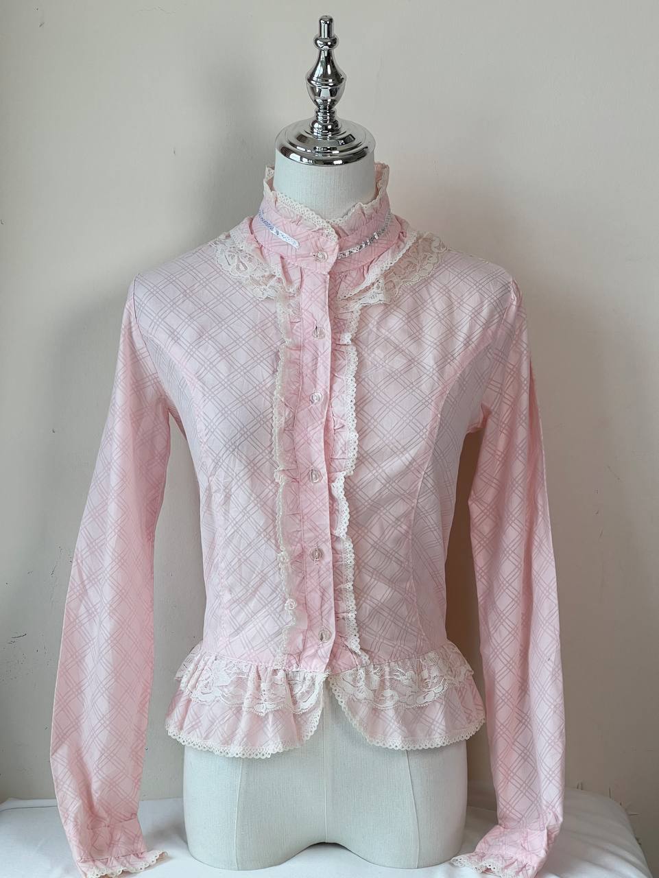 Baby Pink Lace Trim Long Sleeve Blouse