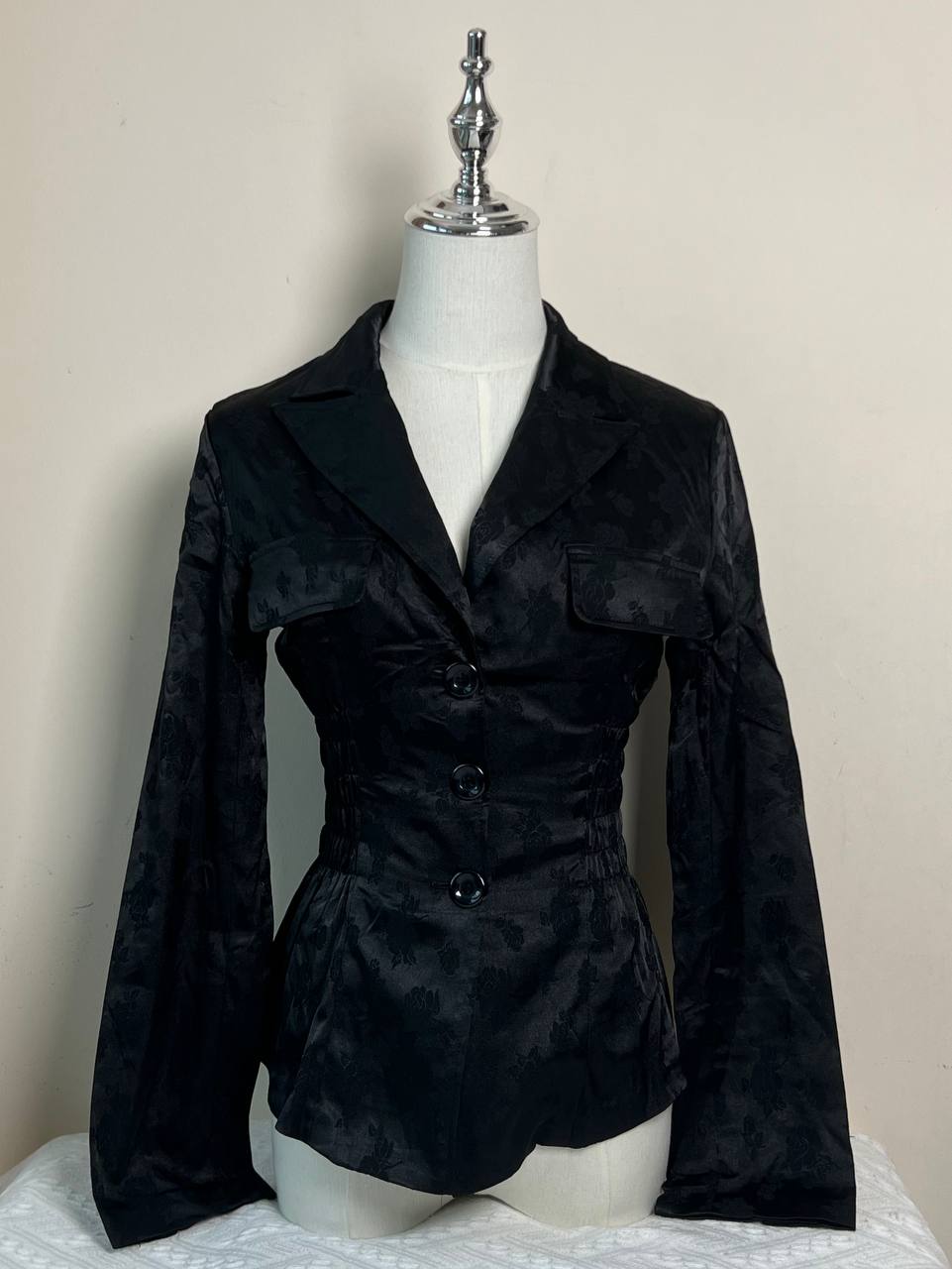 Black Embossed Long Sleeve Fitted Blouse