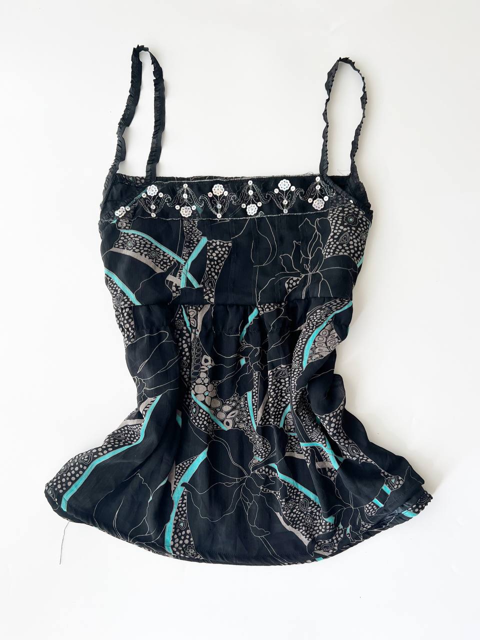 Black Patterned Cami w Sequinned Hem