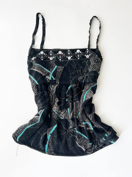 Black Patterned Cami w Sequinned Hem