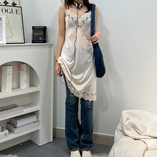 Beige Lace Camisole Slip Dress