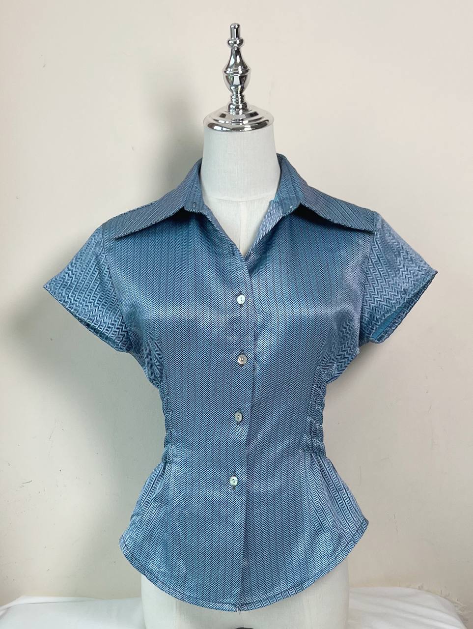 Dark Blue Patterned Fitted Blouse