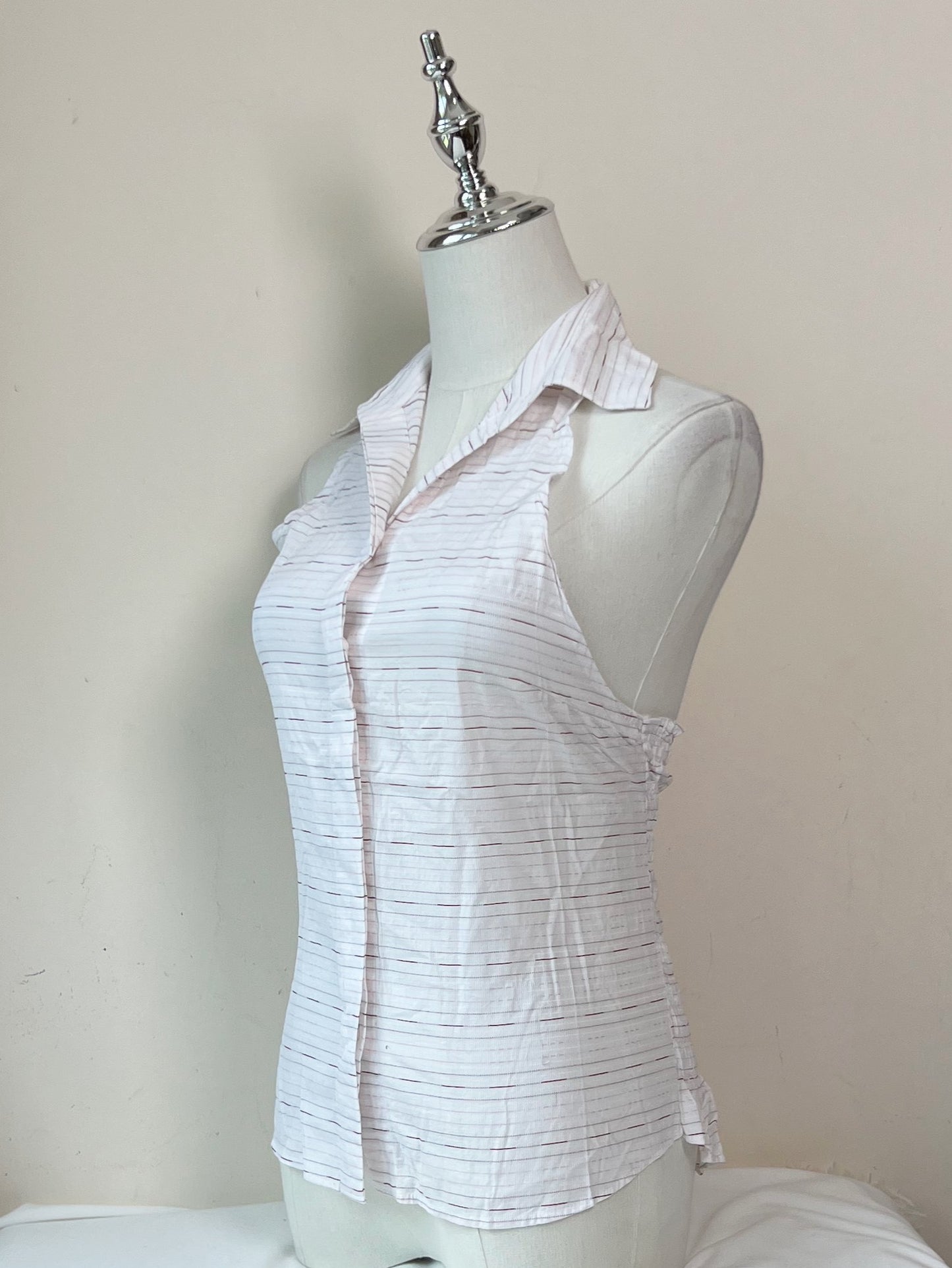 White w Pink Horizontal Stripes Fitted Halter