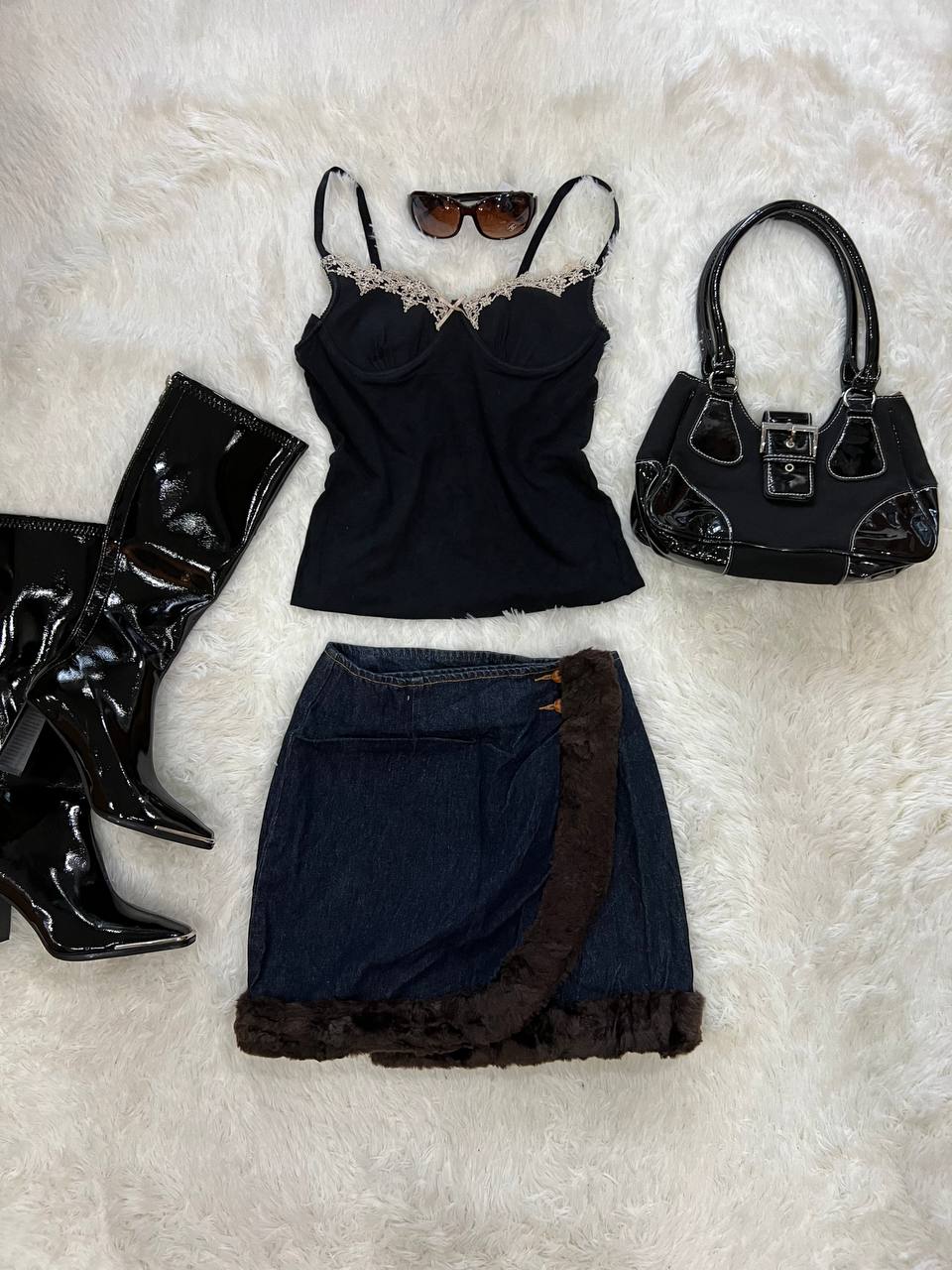 Denim Skirt with Fur Details