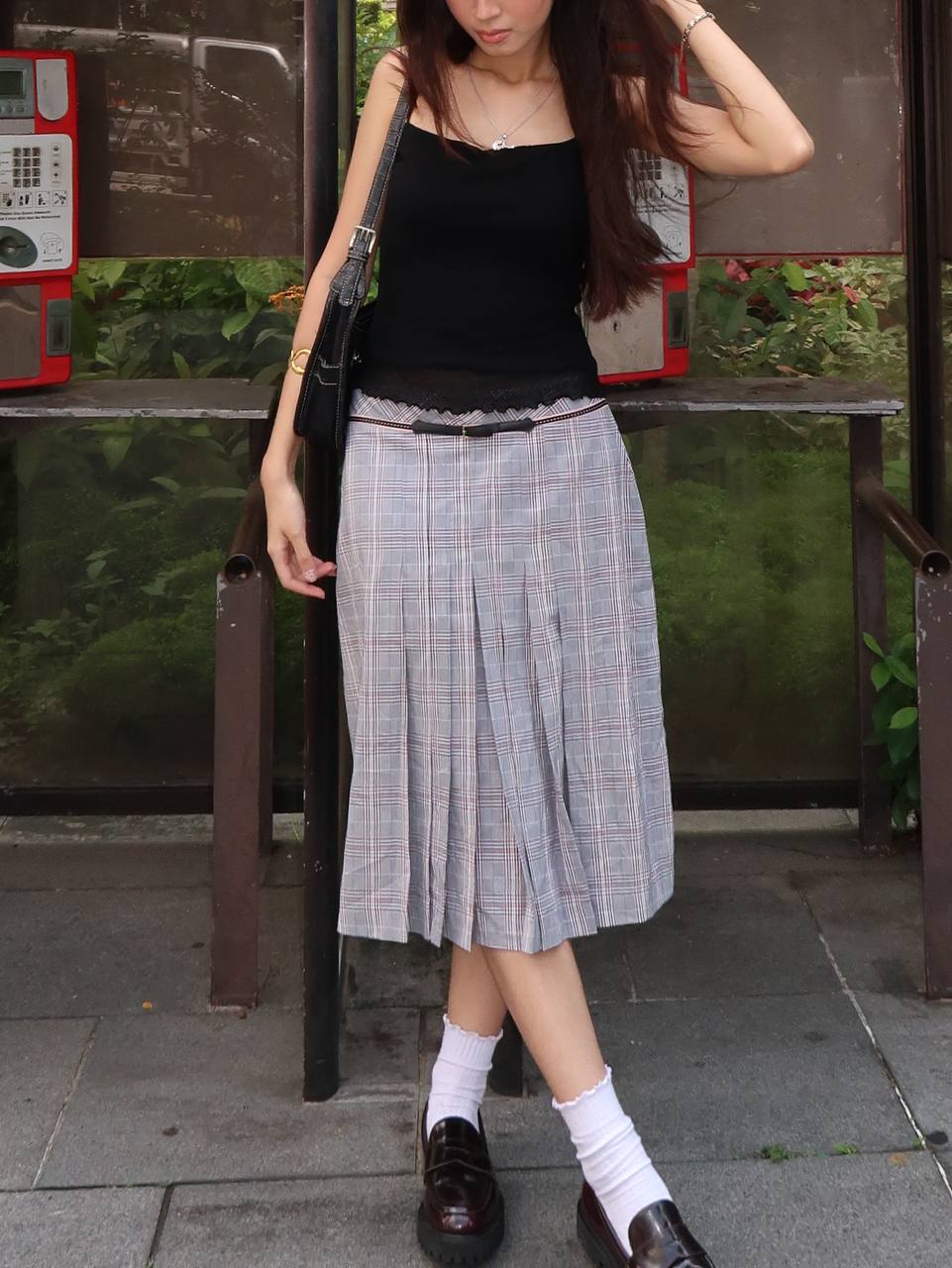 Grey Pleated Midi Skirt w Buckle Details