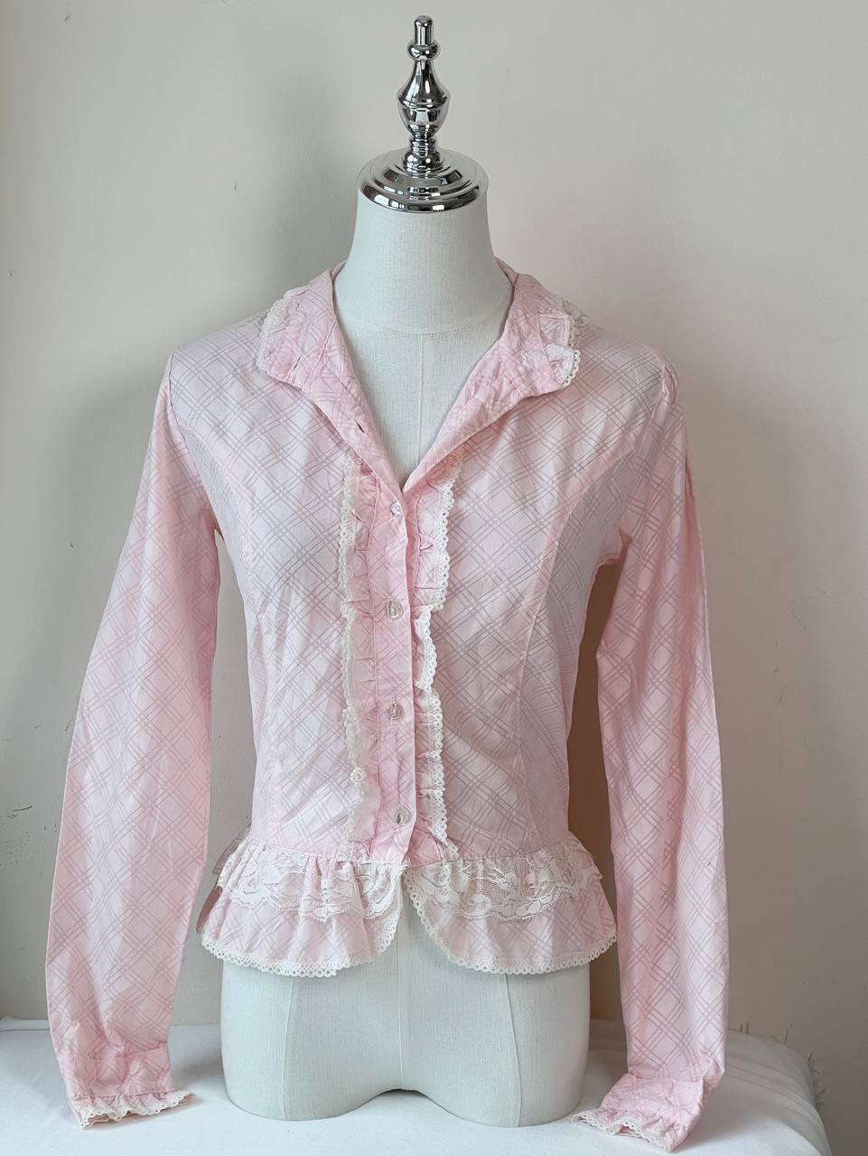 Baby Pink Lace Trim Long Sleeve Blouse
