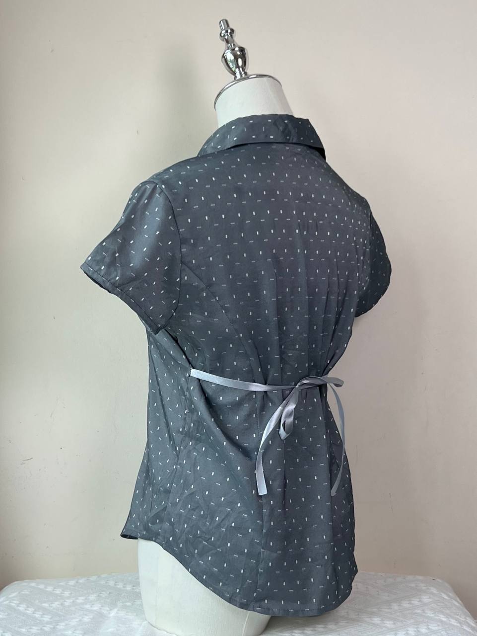Grey Patterned Ribbon Tie Blouse