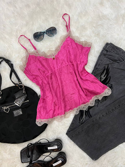 Pink Camisole with White Lace Neckline