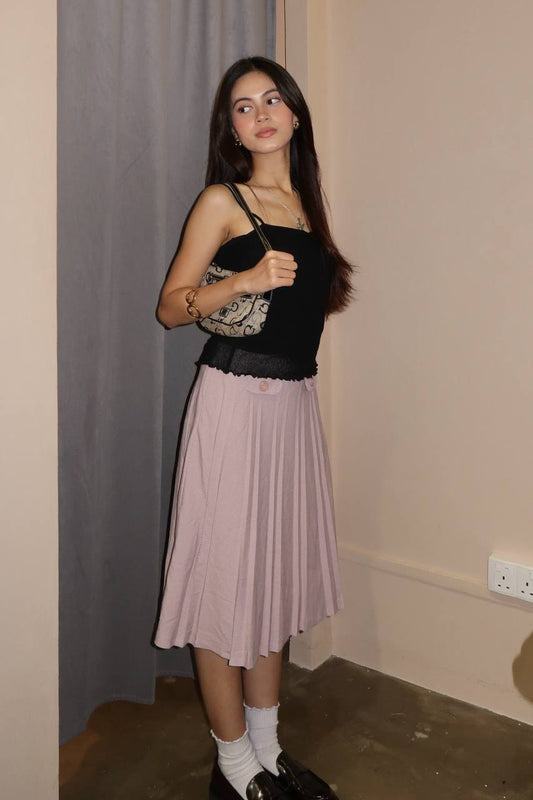 Pink Pleated Midi Skirt w Pocket Details