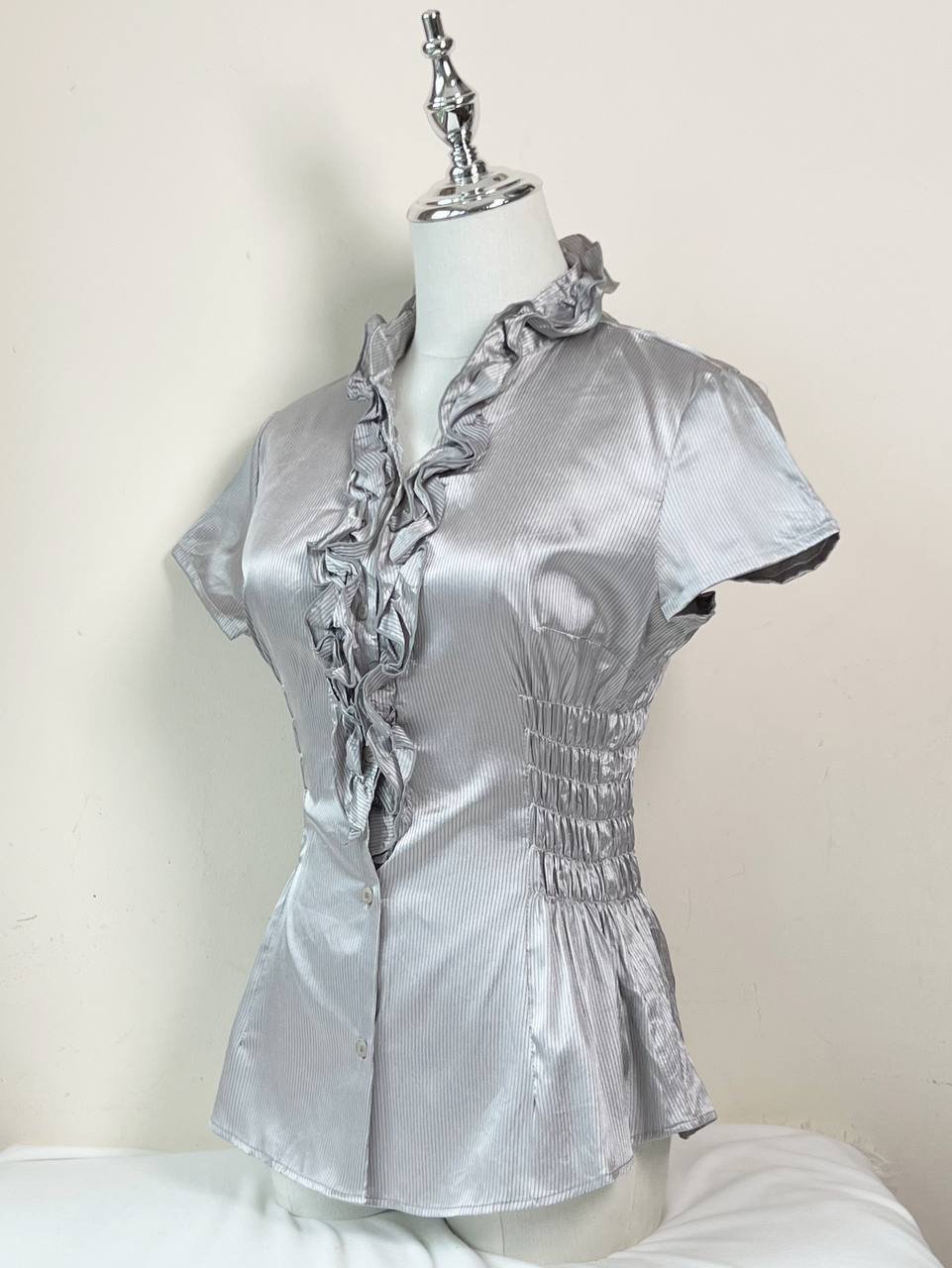 Grey Ruffle Fitted Blouse (Size 13)