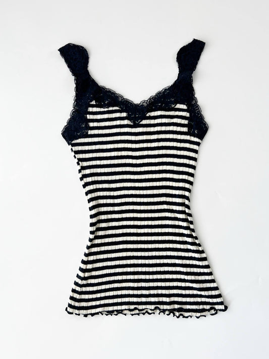 Striped Ribbed Tank w Lace Trim