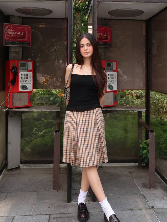 Beige Tartan Pleated Midi Skirt