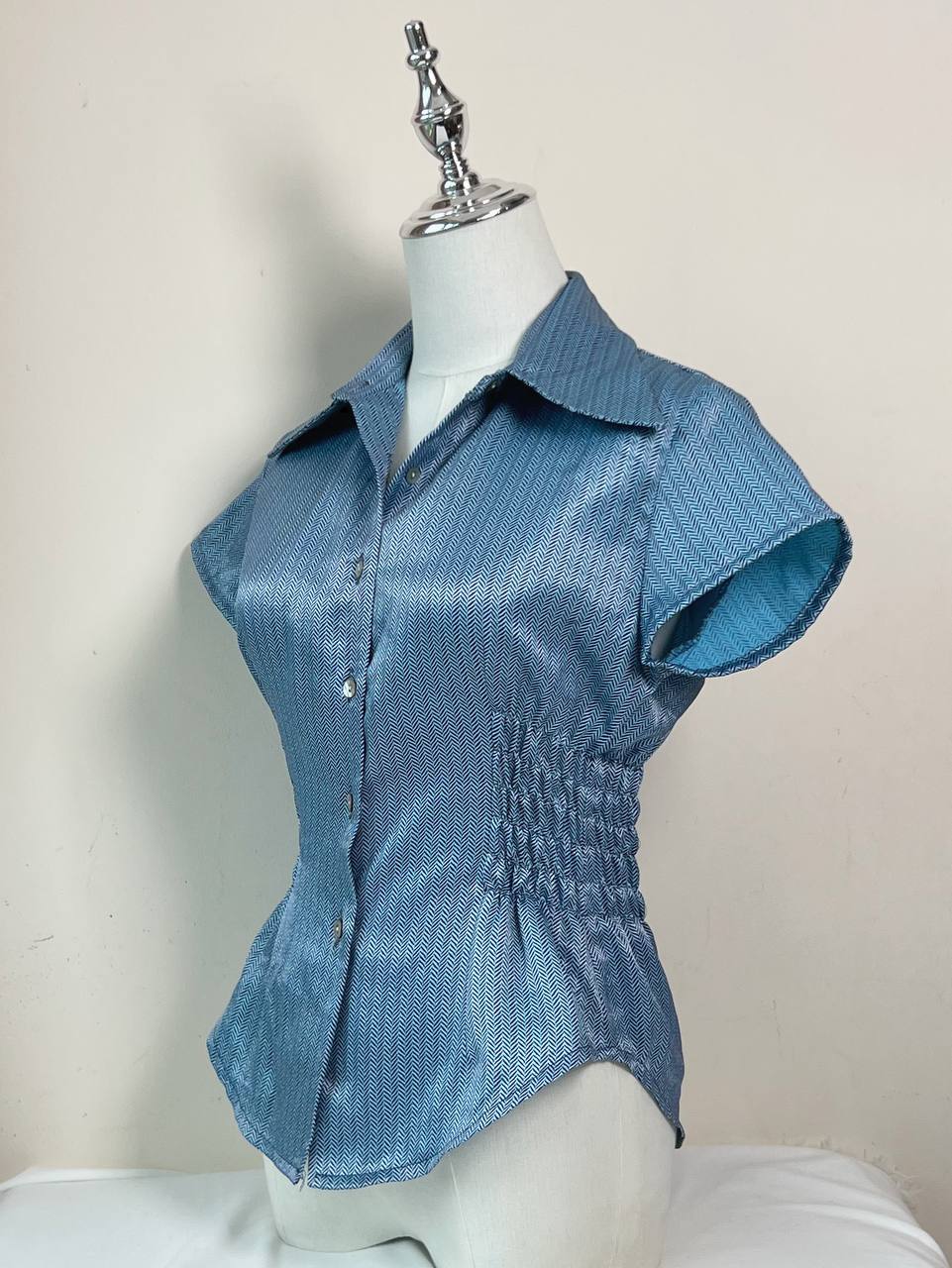 Dark Blue Patterned Fitted Blouse