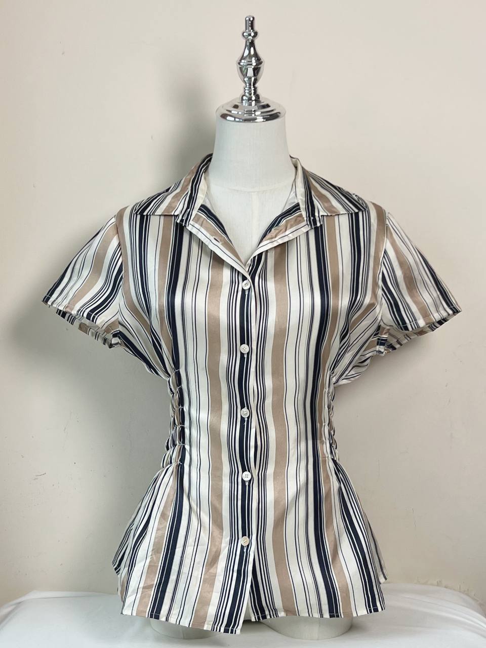 Navy & Beige Striped Fitted Blouse