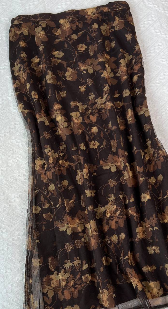 Brown Mesh Overlay Maxi Skirt