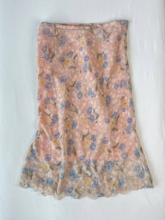 Pale Pink Mesh Overlay Midi Skirt