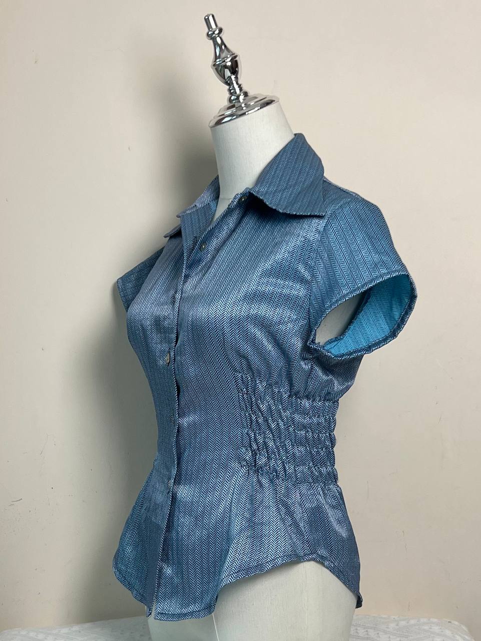 Blue Satin Fitted Blouse