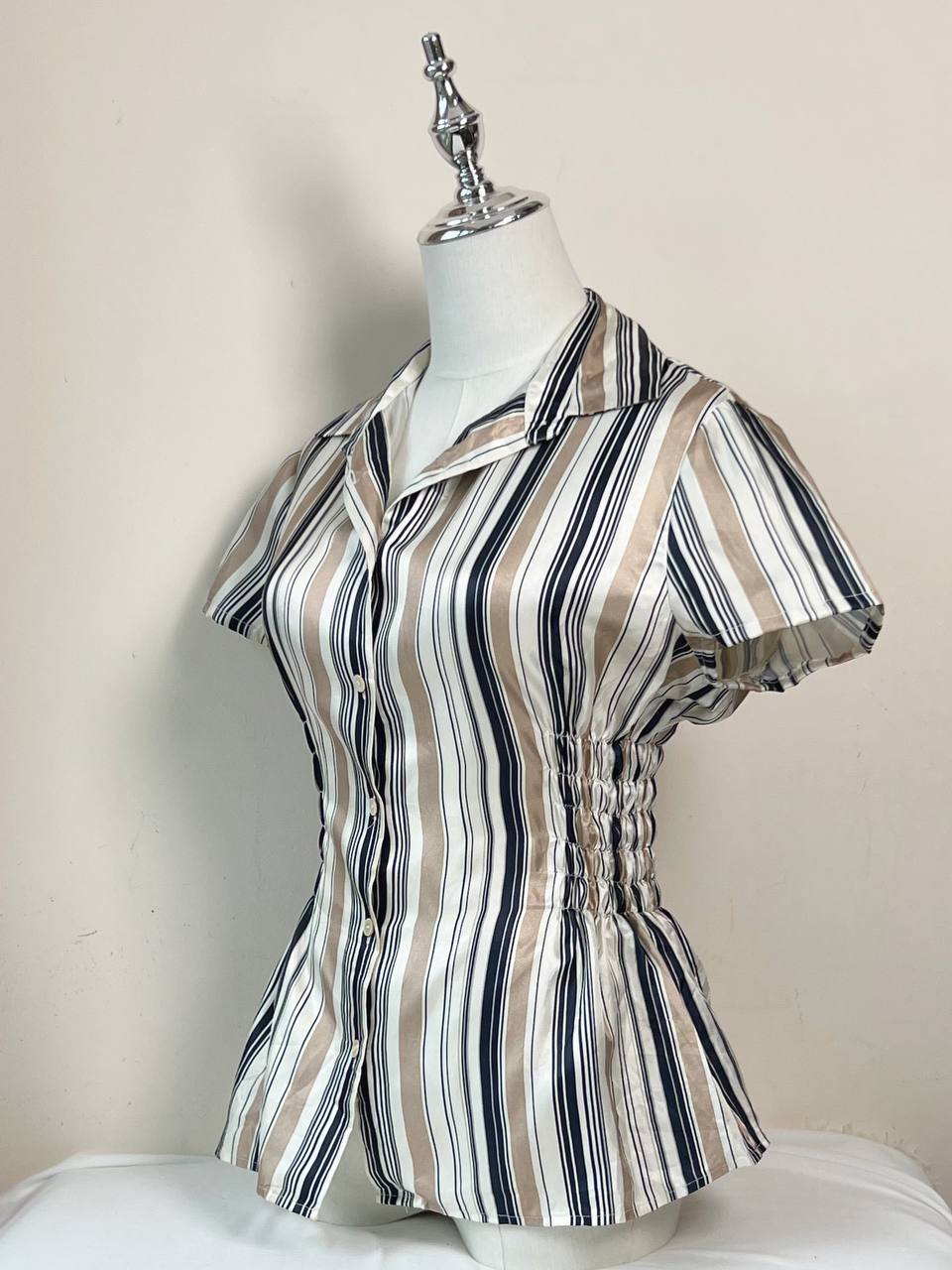 Navy & Beige Striped Fitted Blouse