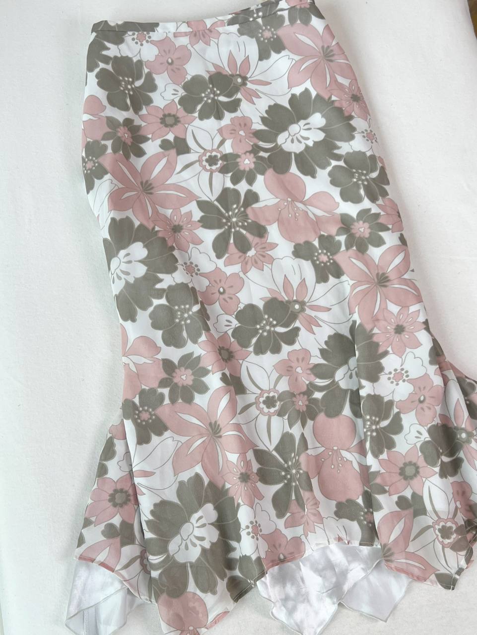 Grey & Pink Assymetrical Floral Midi Skirt