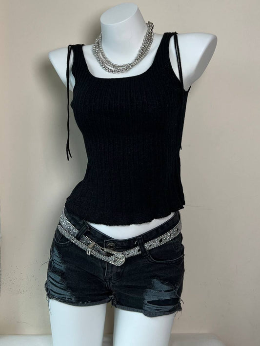 Distressed Black Denim Low Rise Shorts