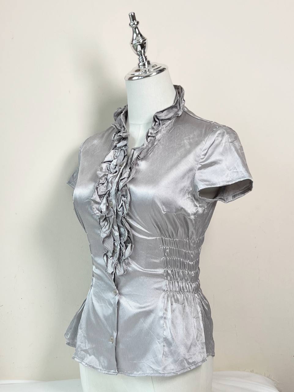 Grey Ruffle Fitted Blouse (Size 9)
