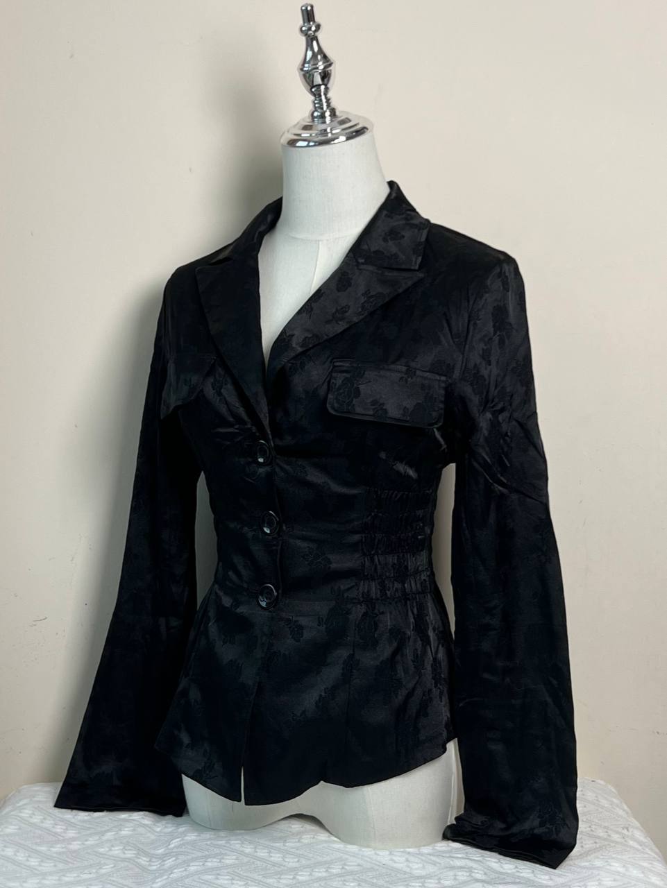 Black Embossed Long Sleeve Fitted Blouse