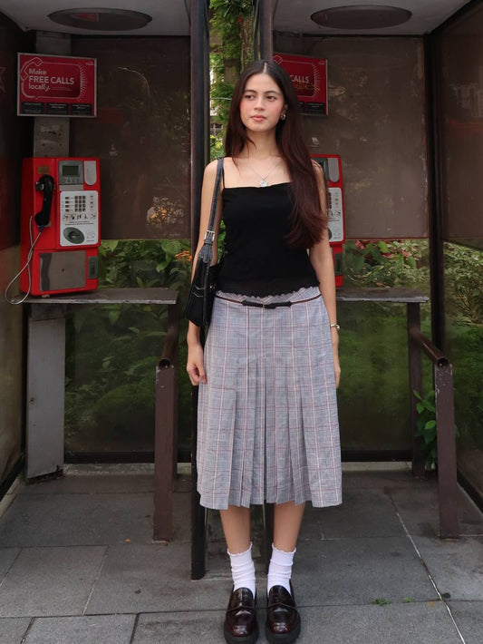 Grey Pleated Midi Skirt w Buckle Details