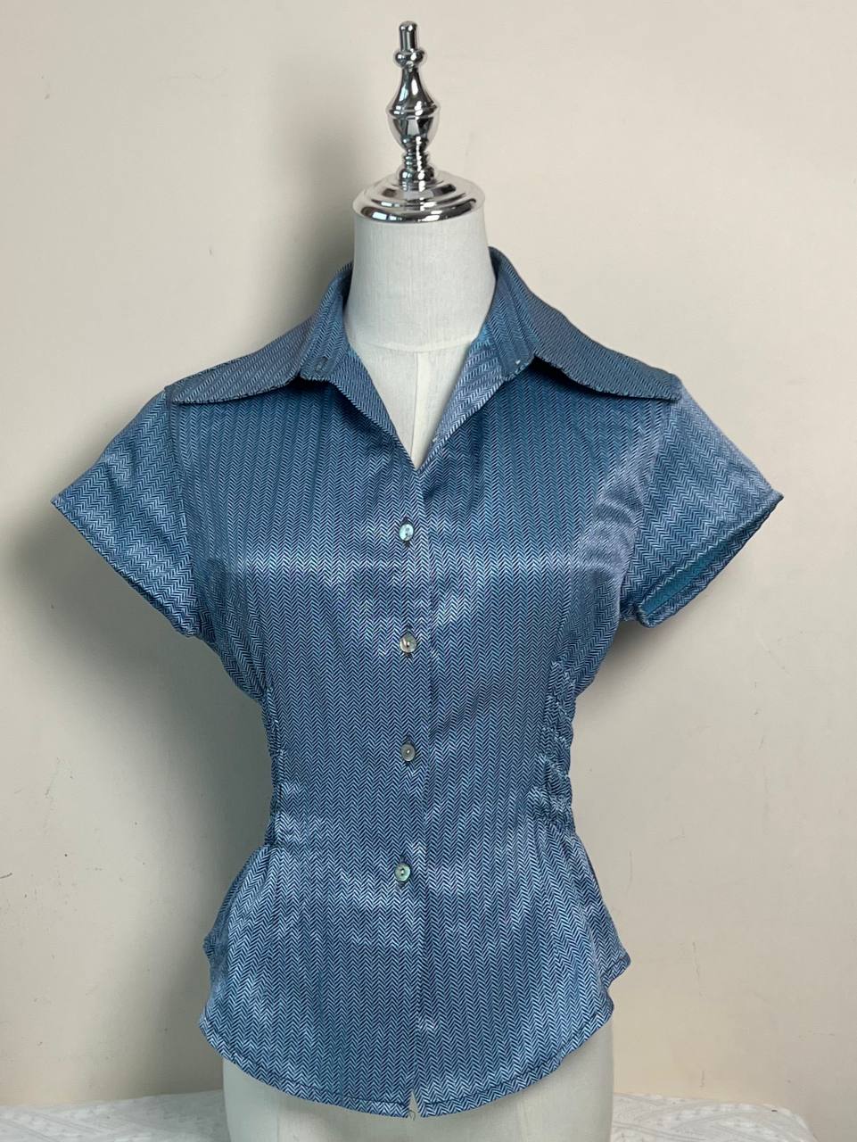 Blue Satin Fitted Blouse