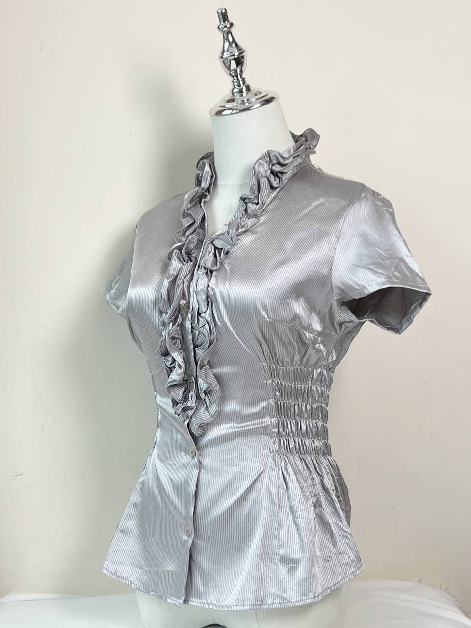 Grey Ruffle Fitted Blouse (Size 11)