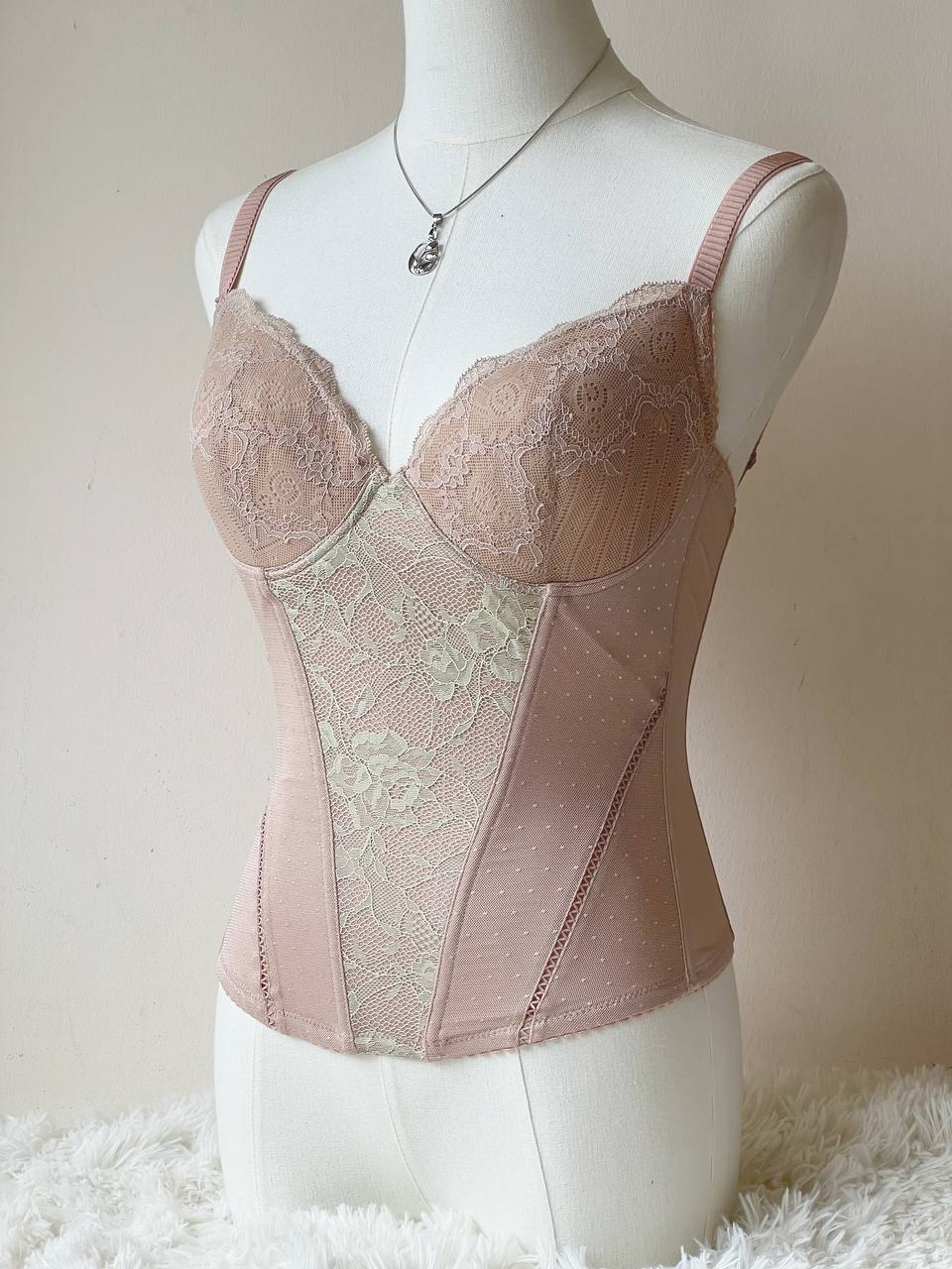 Nude Pink Corset w Green Lace