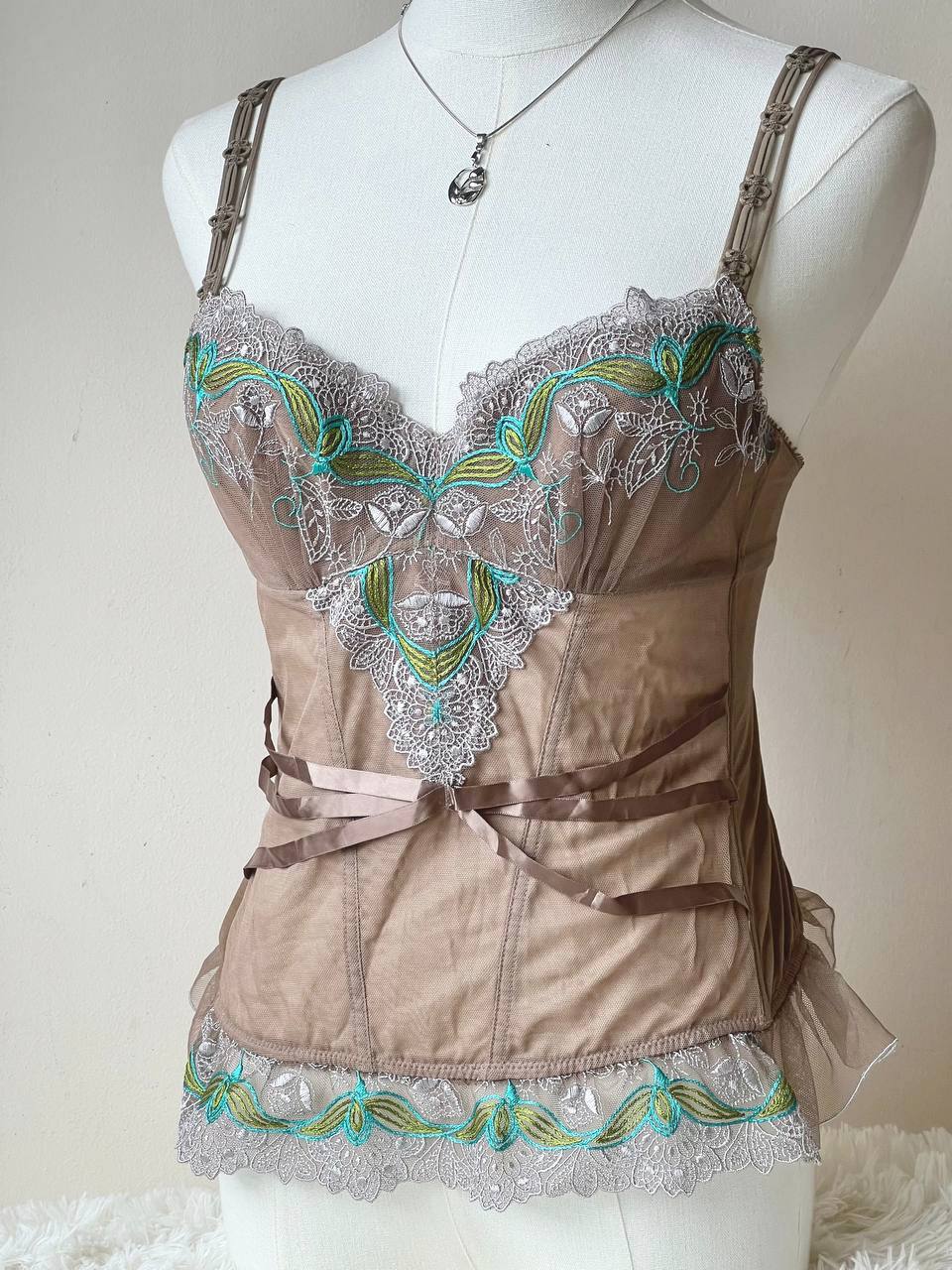 Brown with Green Embroidery Corset