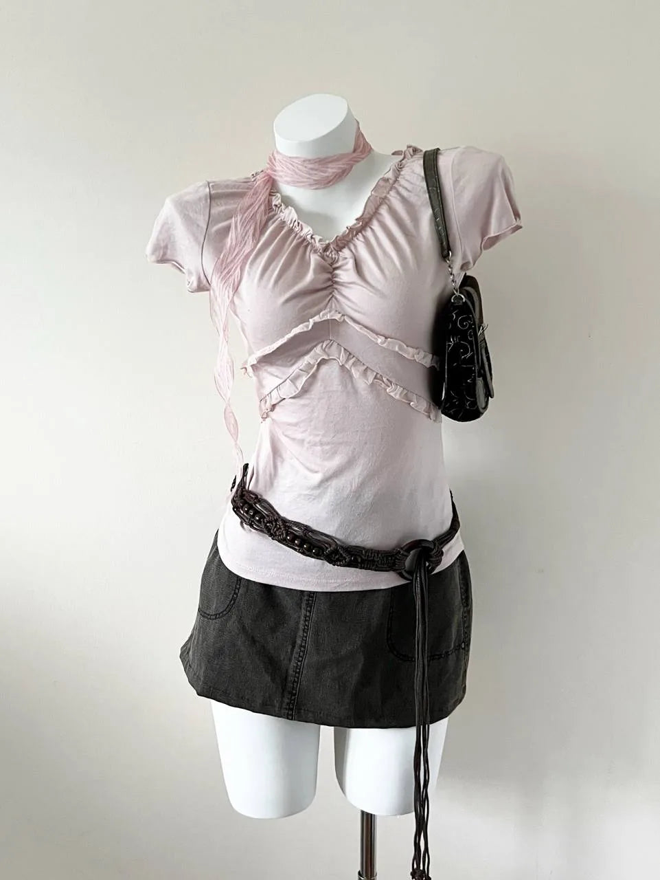 Baby Pink Ruched Ruffle Blouse 1
