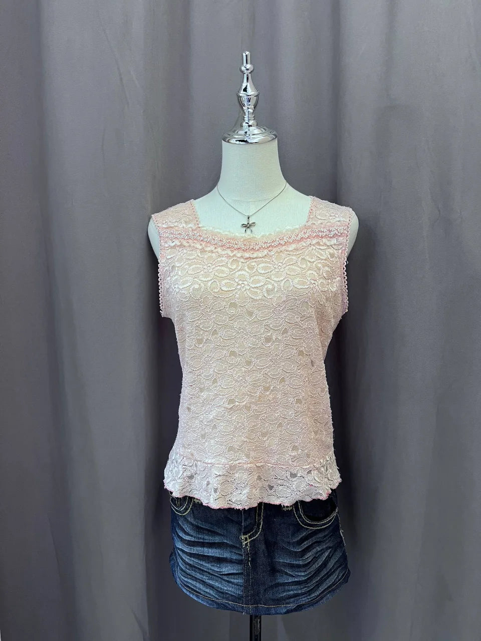 Baby Pink Square Neck Lace Overlay 1
