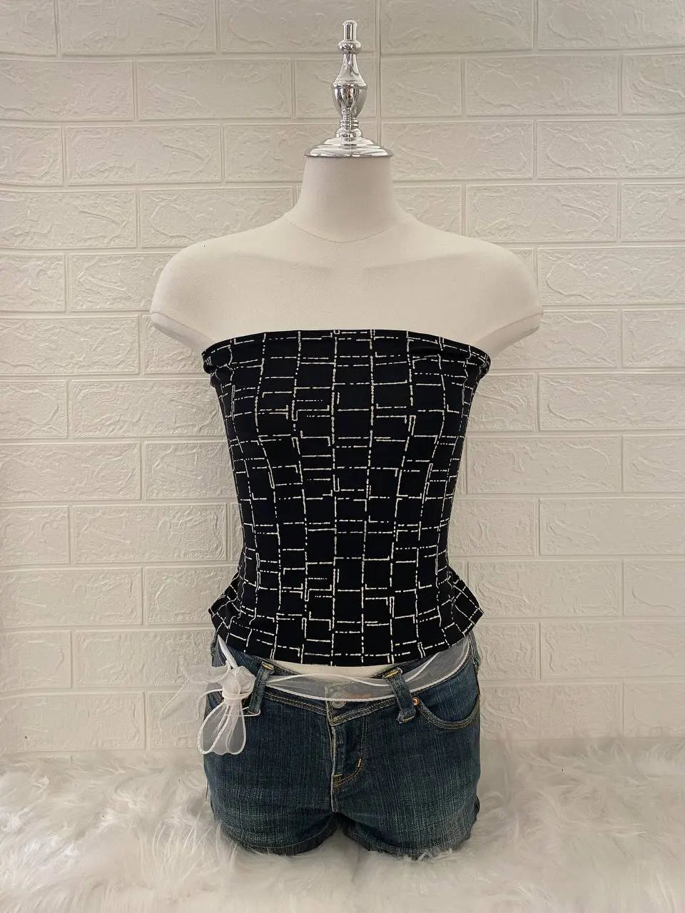 Black Grid Pattern Tube Top 1