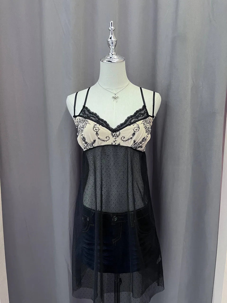 Black Lace Trim Sheer Cami Dress 1