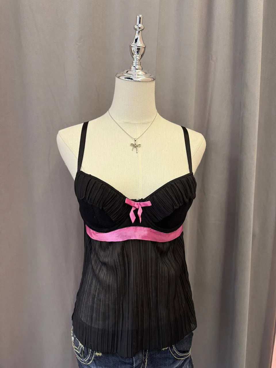 Black Pleated Babydoll Pink Ribbon Bustier 1