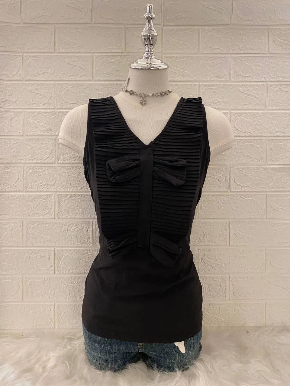 Black Pleated Ribbon Detail Tank 1