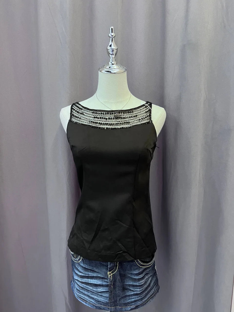 Black Sequinned Neckline Boatneck Tank 1
