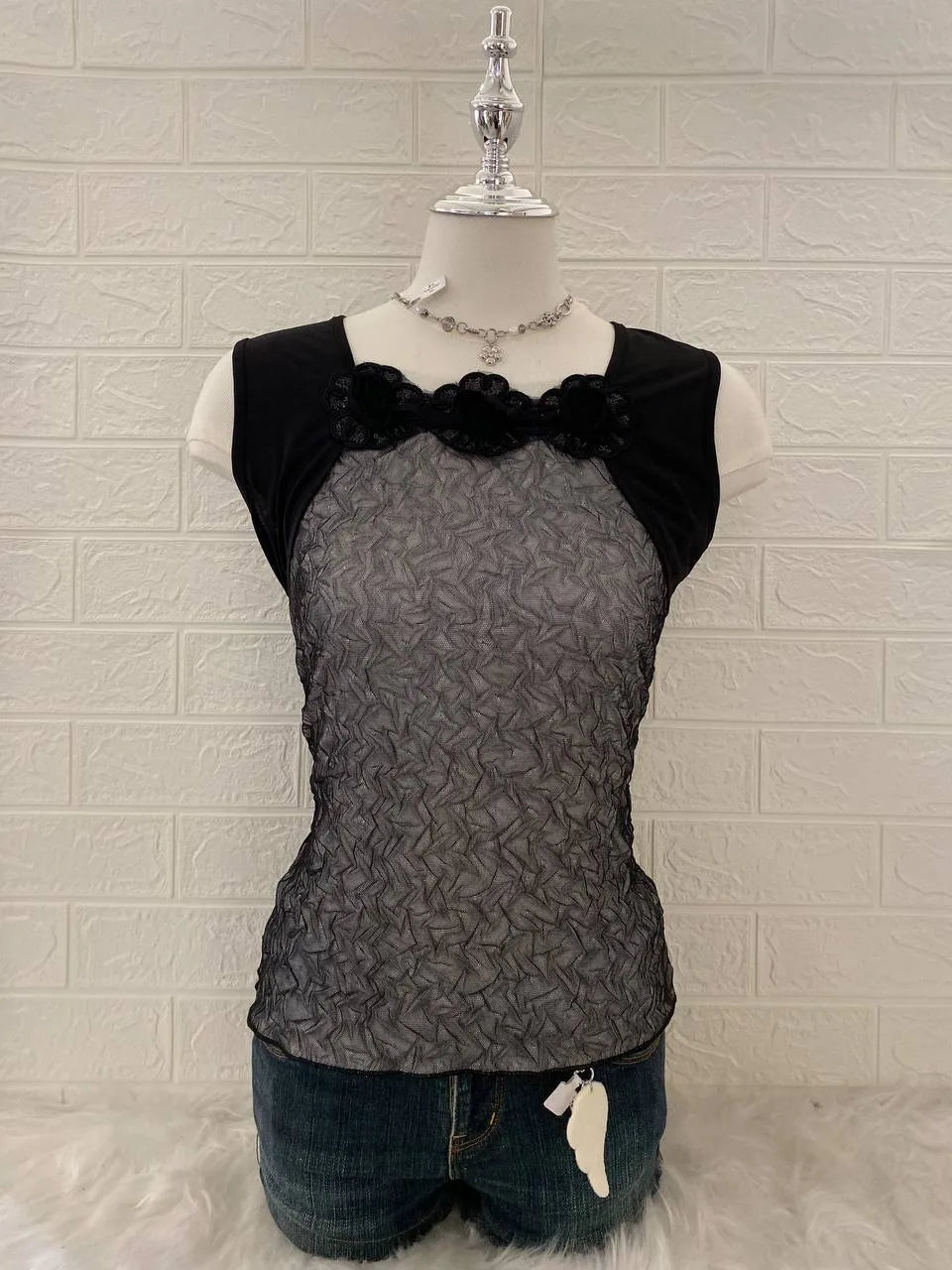 Black Tank with Rosette Neckline 1