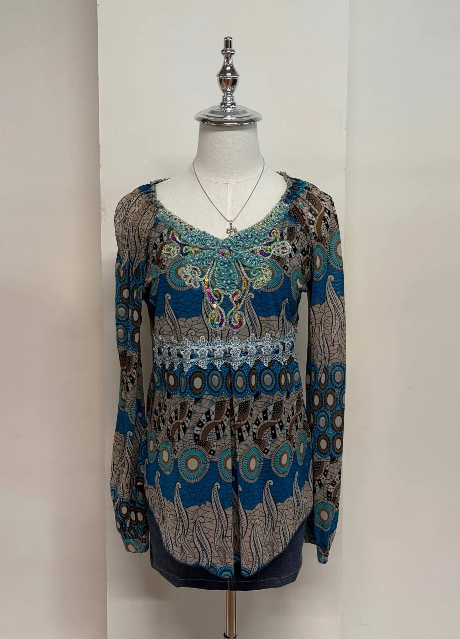 Blue and Brown Sequin Printed Long Sleeve Blouse 1