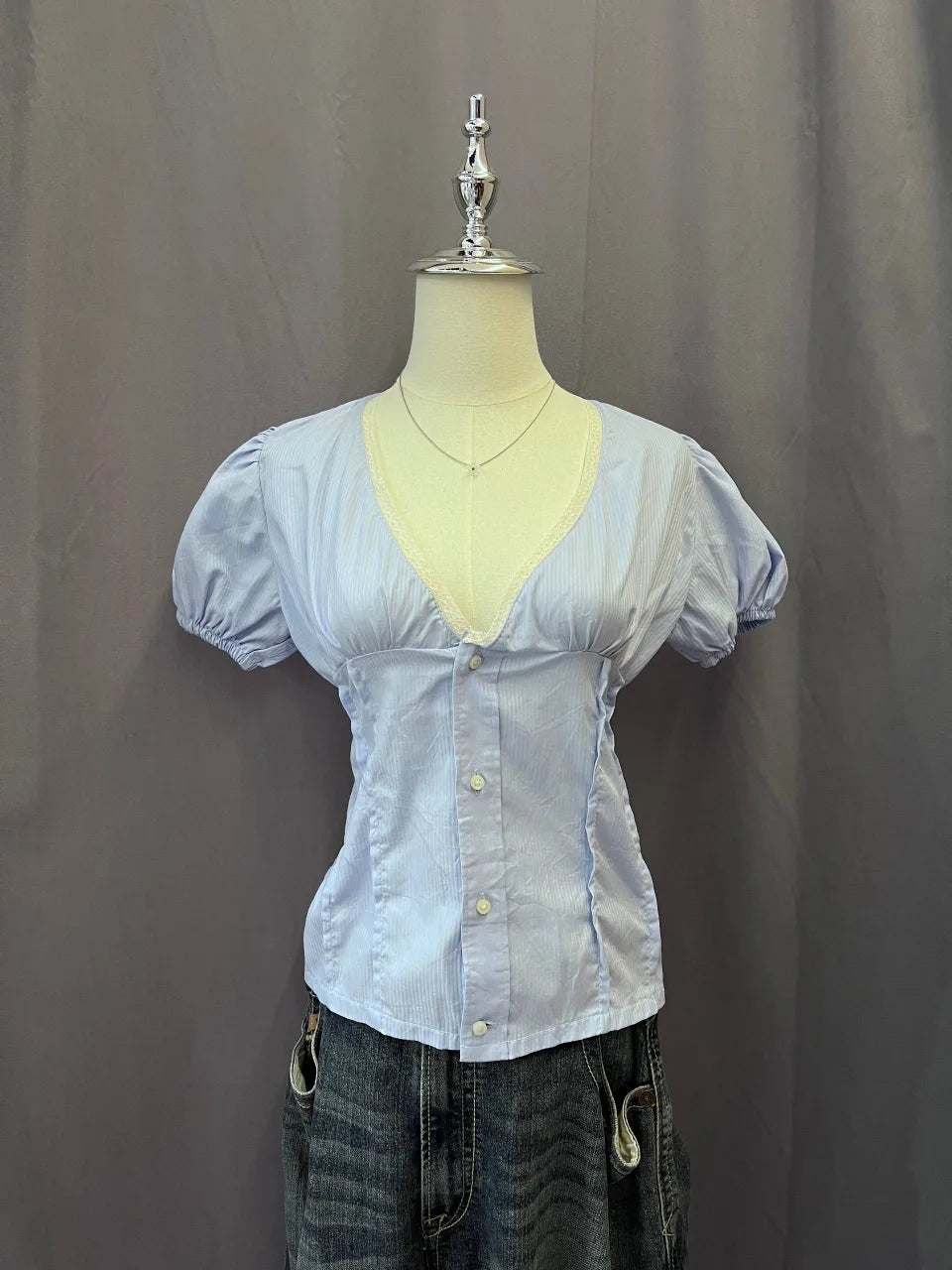 Blue V-neck Blouse 1
