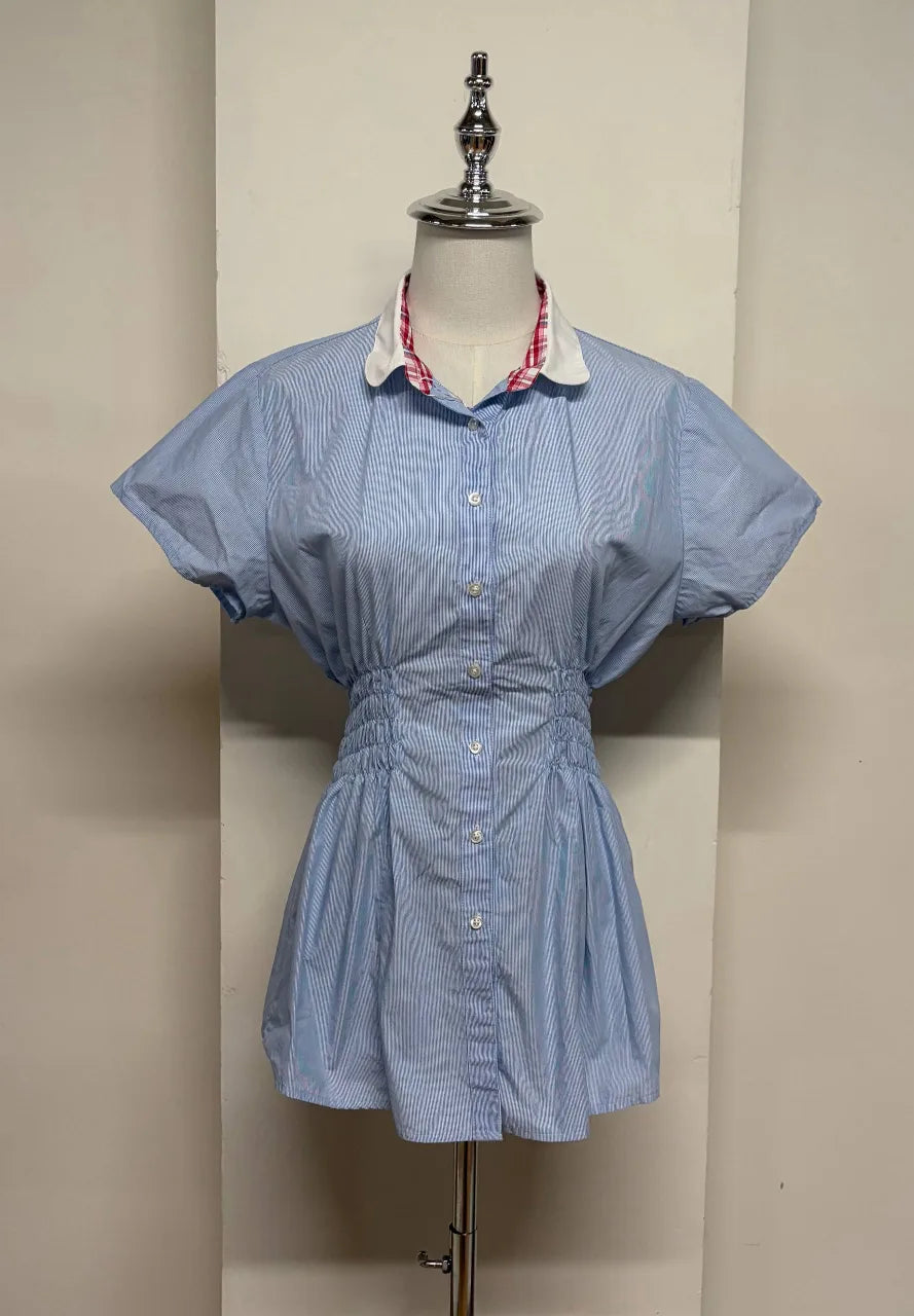 Blue with Contrast Collar Cinched Blouse 1
