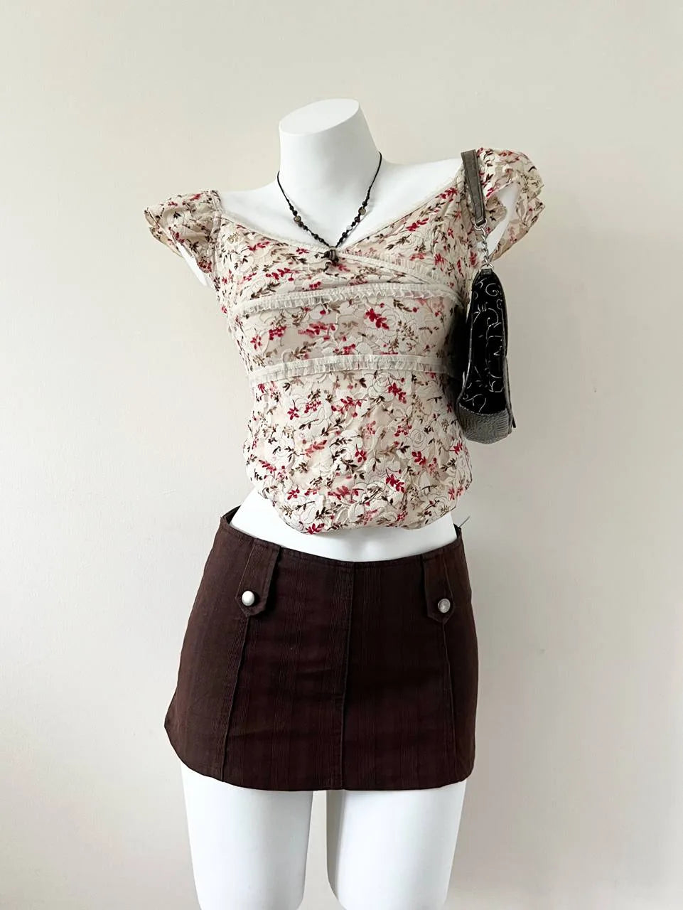 Brown Pinstripe Textured Mini Skirt 1
